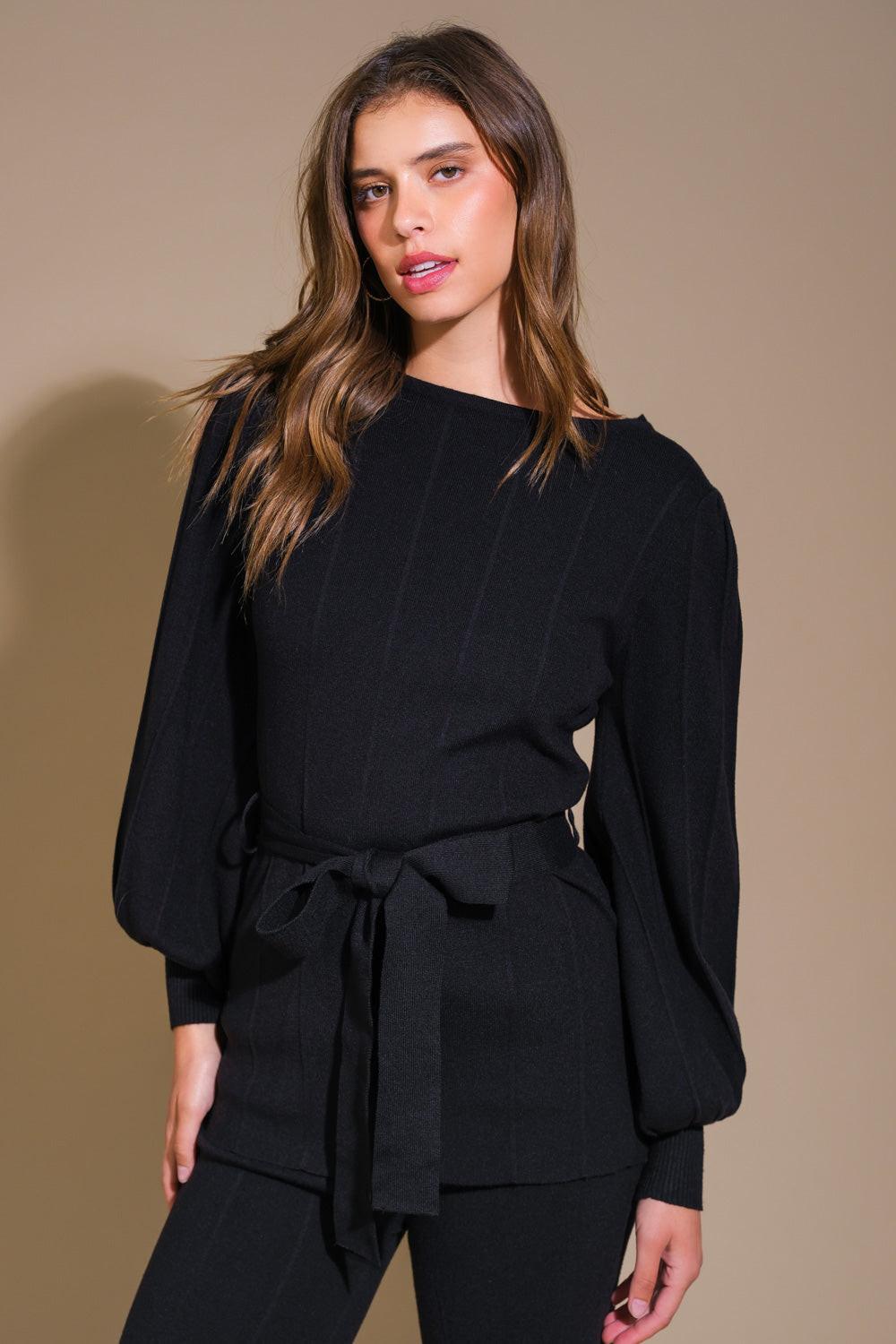 Smile When You Are Sad Sweater Set With Puff Sleeve Top And Wide Leg Pants