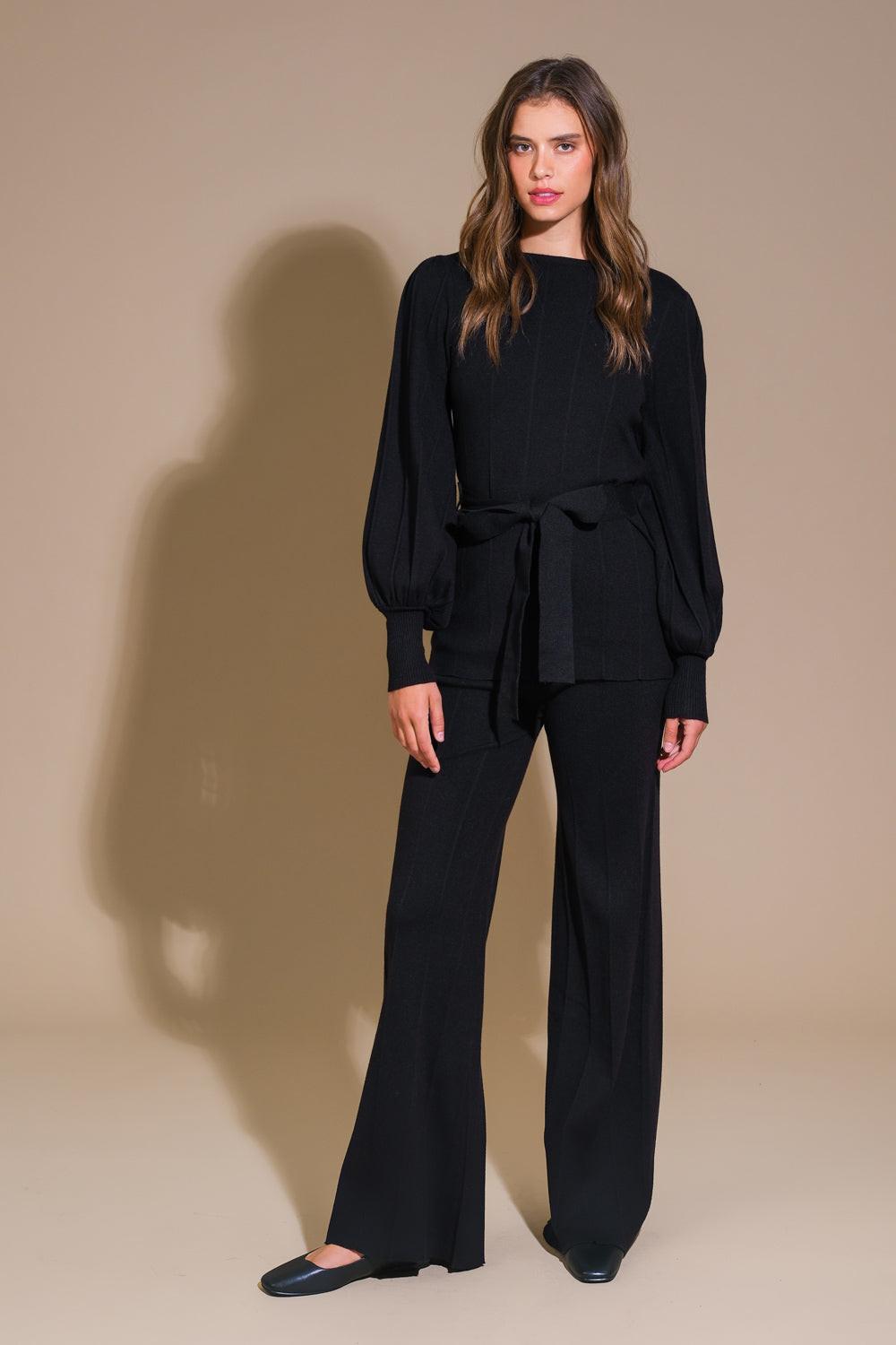 Smile When You Are Sad Sweater Set With Puff Sleeve Top And Wide Leg Pants