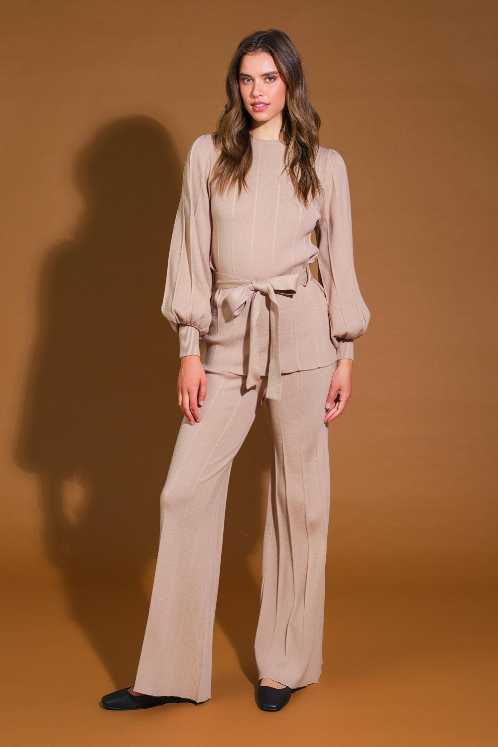 Smile When You Are Sad Sweater Set With Puff Sleeve Top And Wide Leg Pants