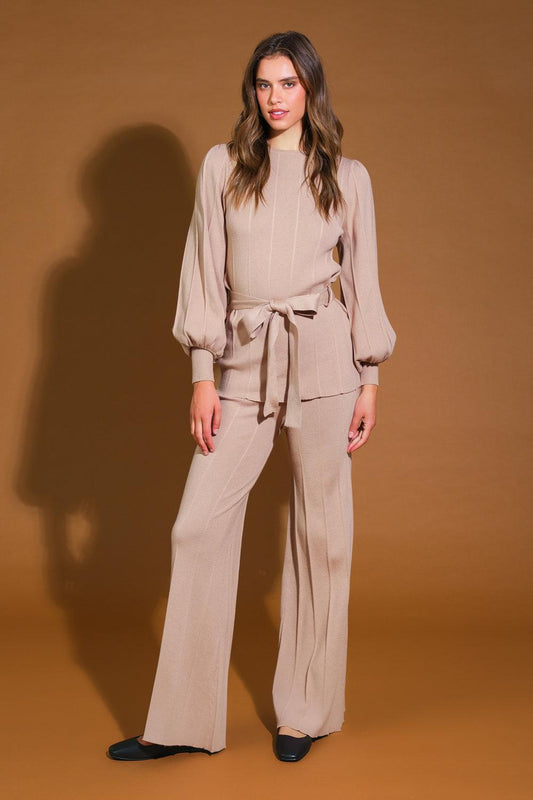 Smile When You Are Sad Sweater Set With Puff Sleeve Top And Wide Leg Pants