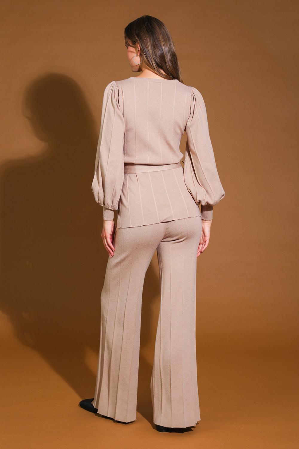 Smile When You Are Sad Sweater Set With Puff Sleeve Top And Wide Leg Pants