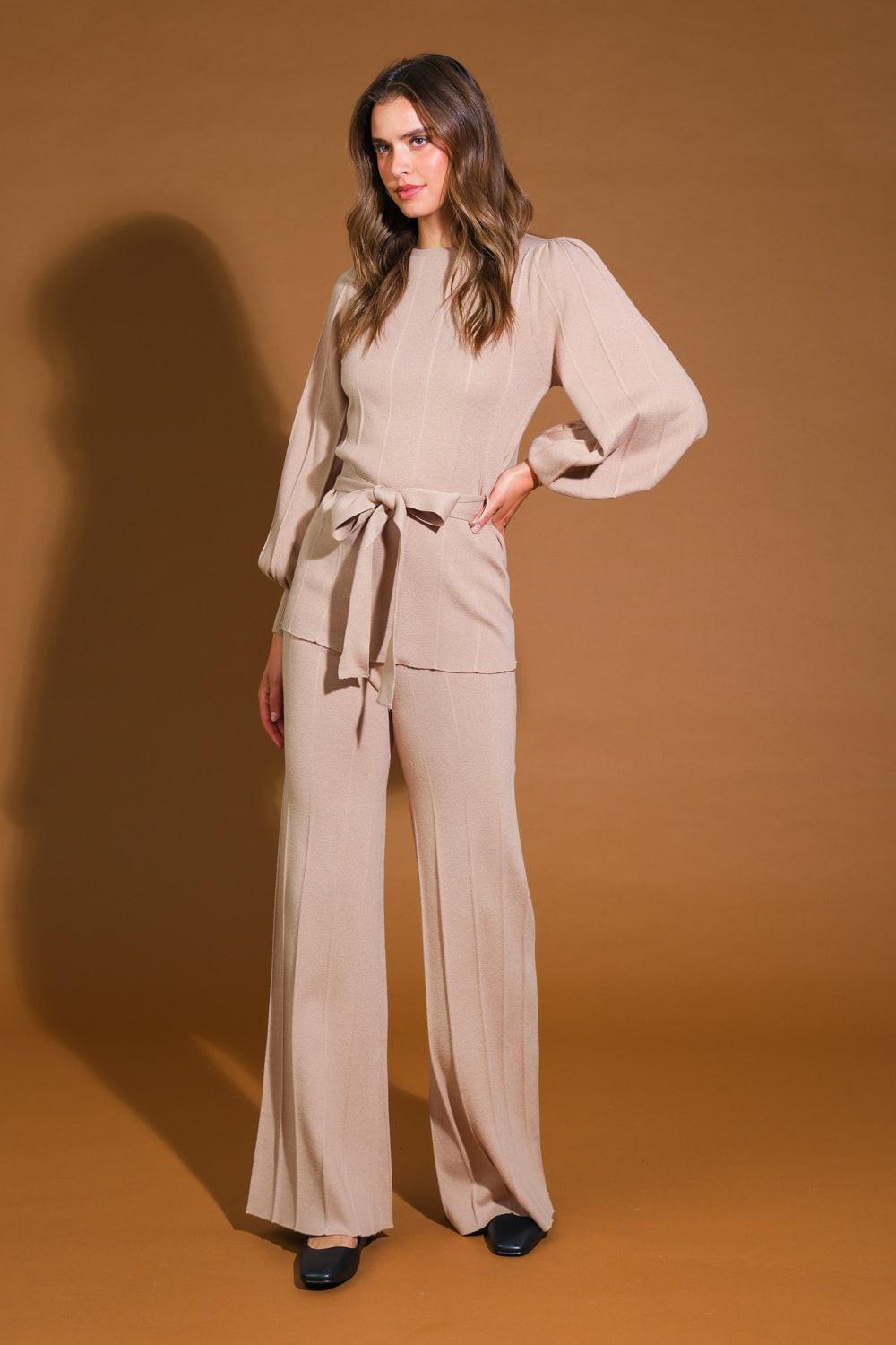 Smile When You Are Sad Sweater Set With Puff Sleeve Top And Wide Leg Pants