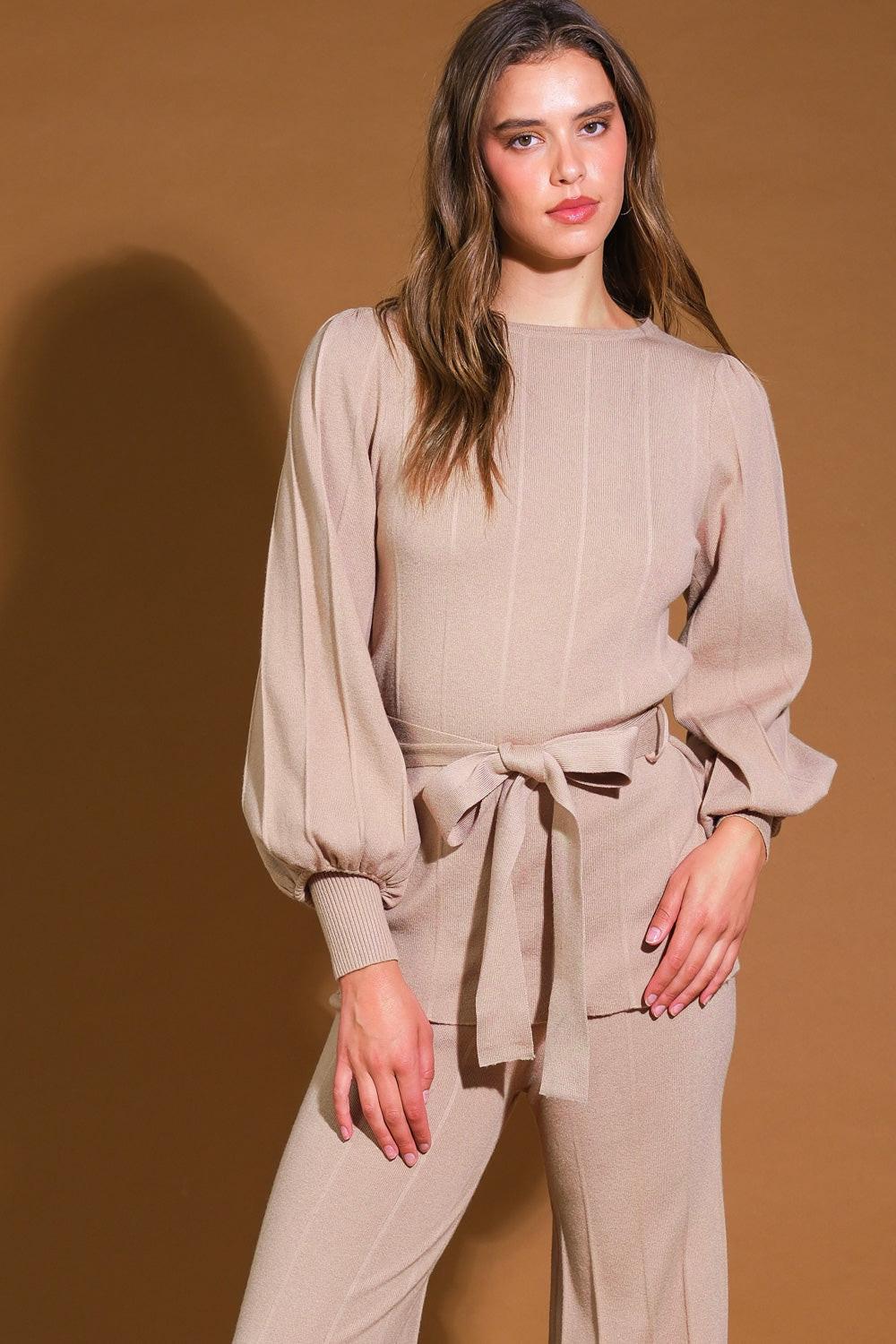 Smile When You Are Sad Sweater Set With Puff Sleeve Top And Wide Leg Pants