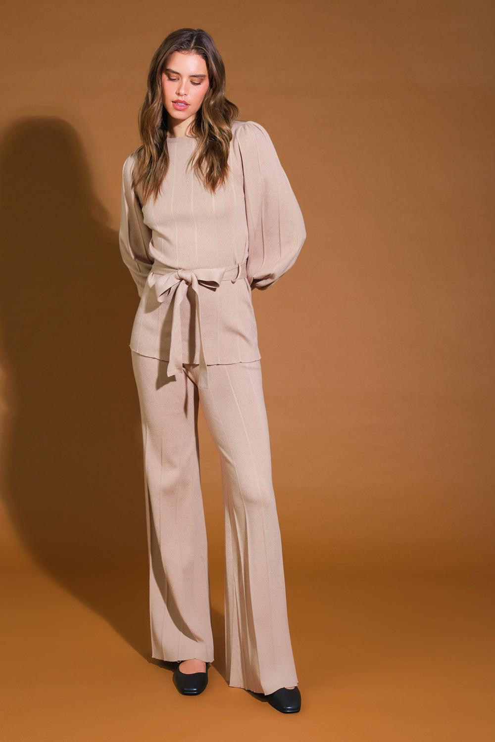 Smile When You Are Sad Sweater Set With Puff Sleeve Top And Wide Leg Pants