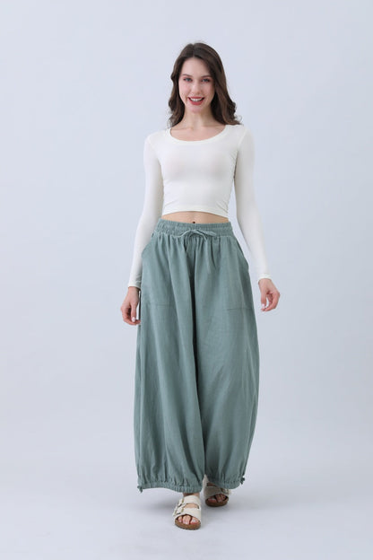 Leto Collection Boho Linen Pants for Women in Light Green with Relaxed Fit and Comfortable Elastic Waistband