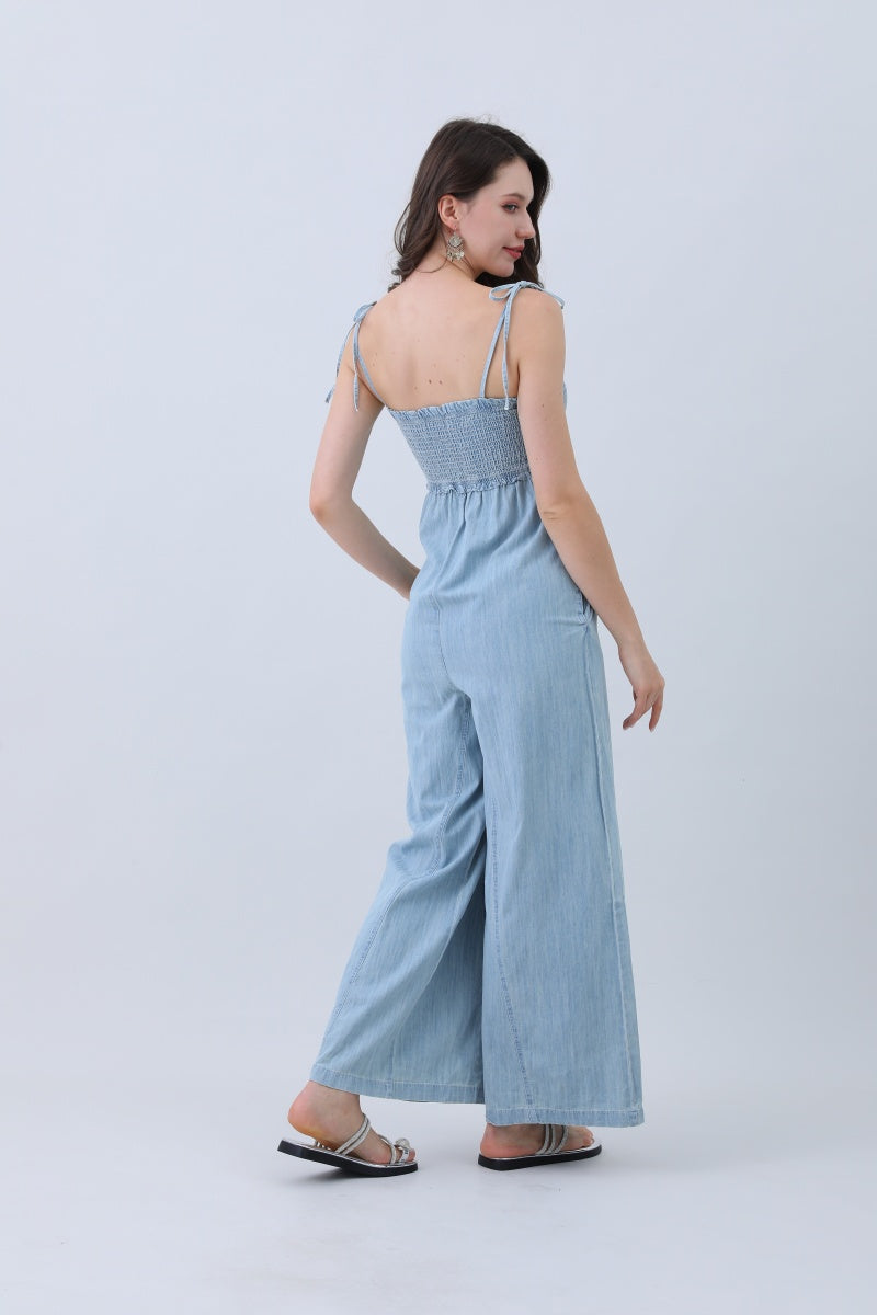 Light Blue Denim Jumpsuit – Smocked Top & Wide Legs-Soul Flow Apparel