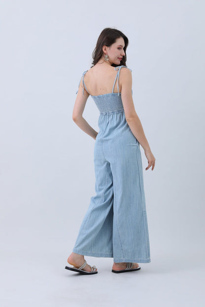 Light Blue Denim Jumpsuit – Smocked Top & Wide Legs Leto Collection
