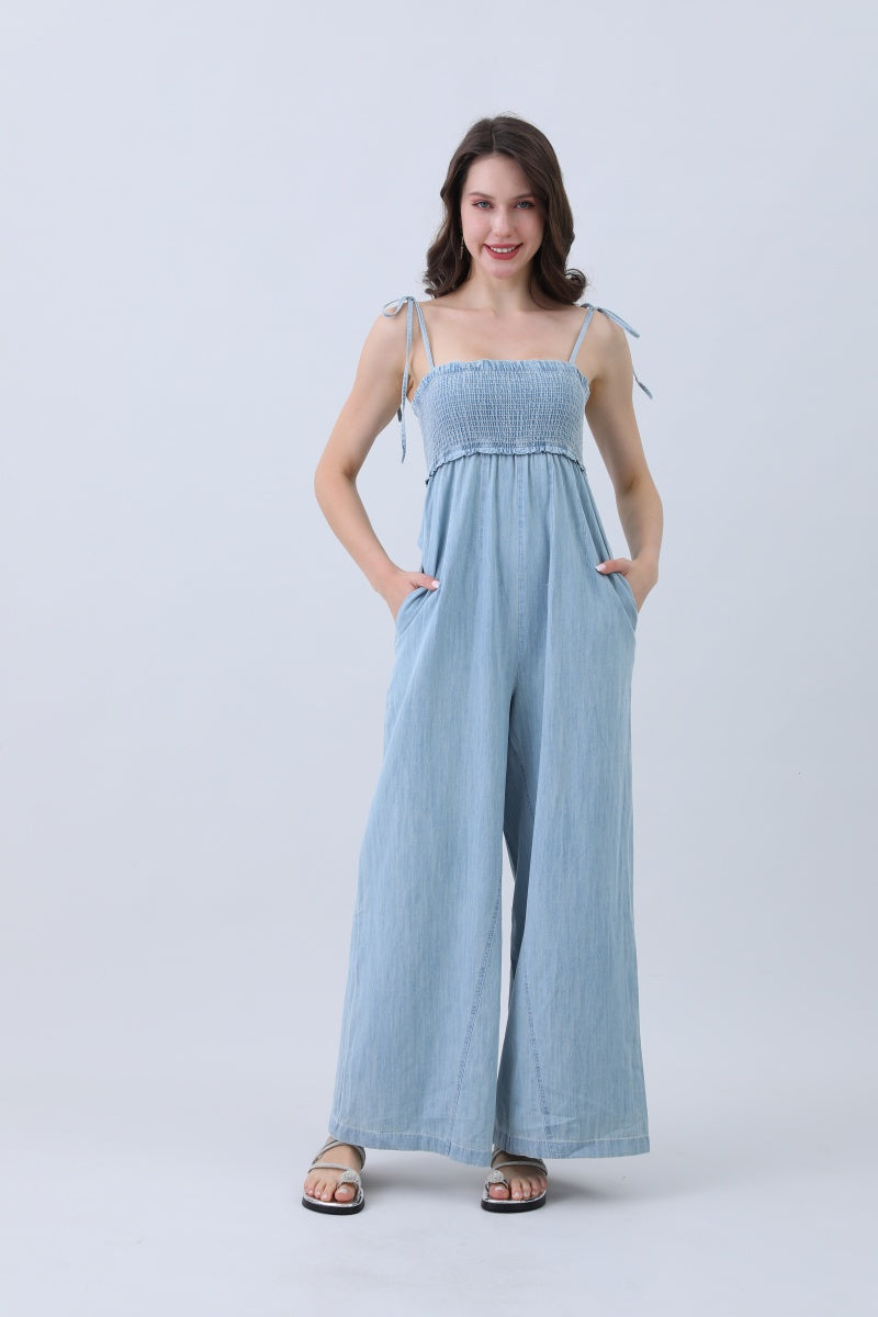 Light Blue Denim Jumpsuit – Smocked Top & Wide Legs-Soul Flow Apparel