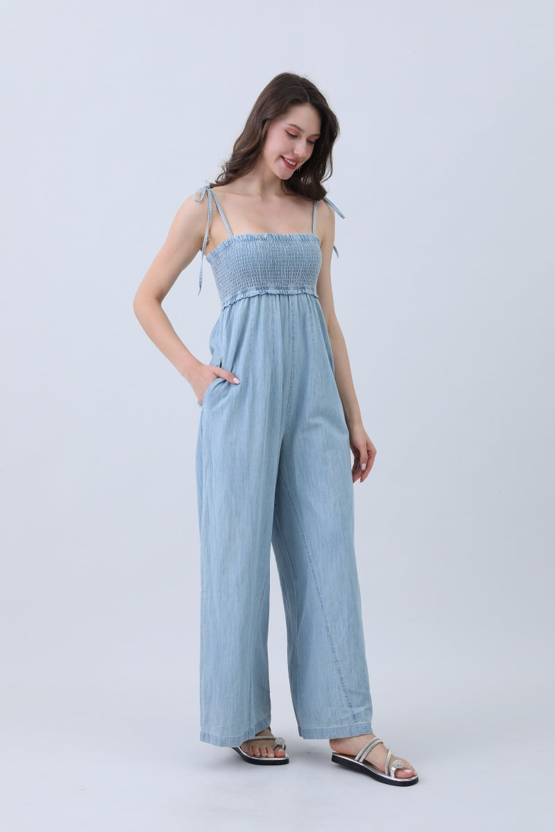 Light Blue Denim Jumpsuit – Smocked Top & Wide Legs-Soul Flow Apparel