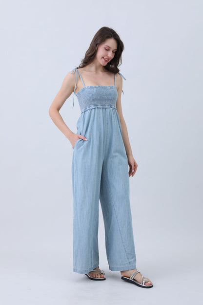 Light Blue Denim Jumpsuit – Smocked Top & Wide Legs Leto Collection