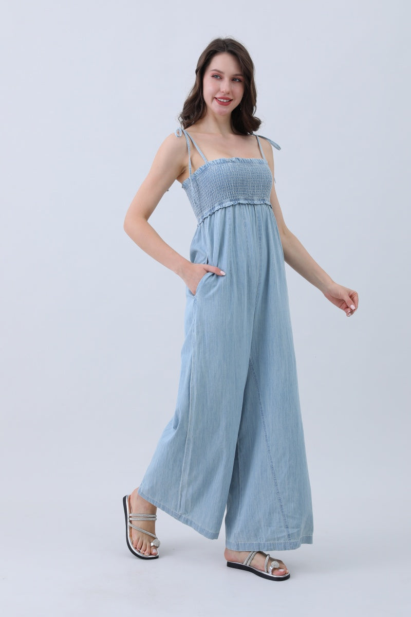 Light Blue Denim Jumpsuit – Smocked Top & Wide Legs-Soul Flow Apparel