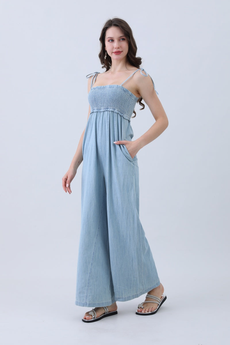 Light Blue Denim Jumpsuit – Smocked Top & Wide Legs-Soul Flow Apparel