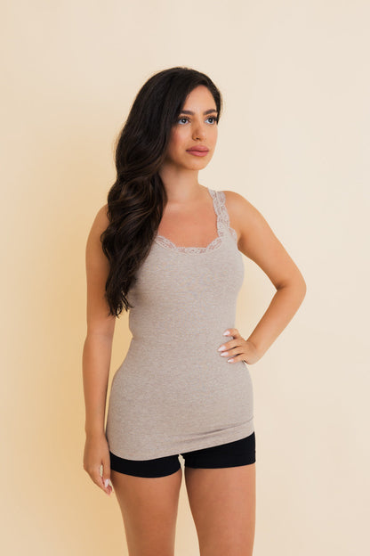 Leto Collection lace trim ribbed tank top in beige, styled for a comfortable and elegant look