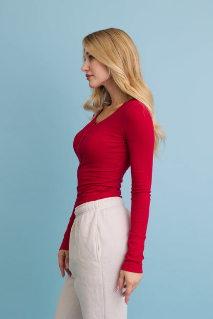 Cotton Long Sleeve Ribbed Henley Top with Buttons Leto Collection