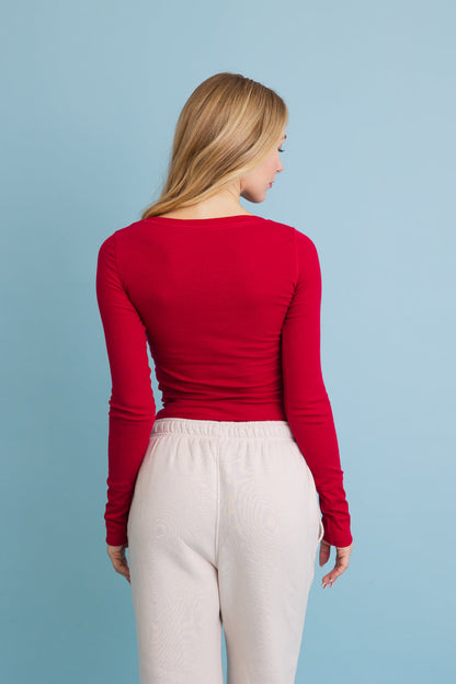 Cotton Long Sleeve Ribbed Henley Top with Buttons Leto Collection