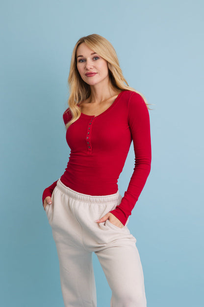 Cotton Long Sleeve Ribbed Henley Top with Buttons Leto Collection
