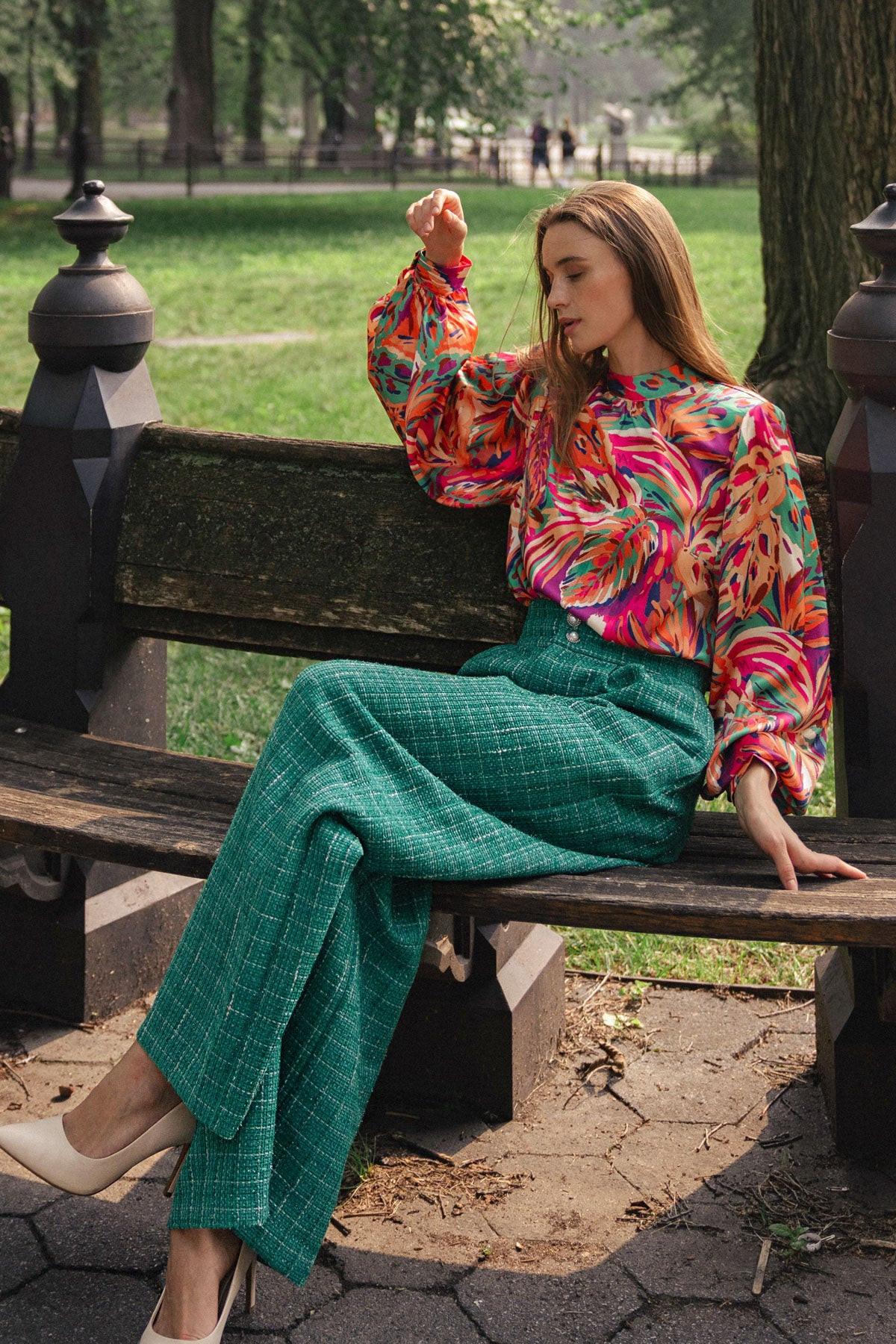 Adoring Devotion Woven Top With High Neck Long Sleeves And Tie Back Print