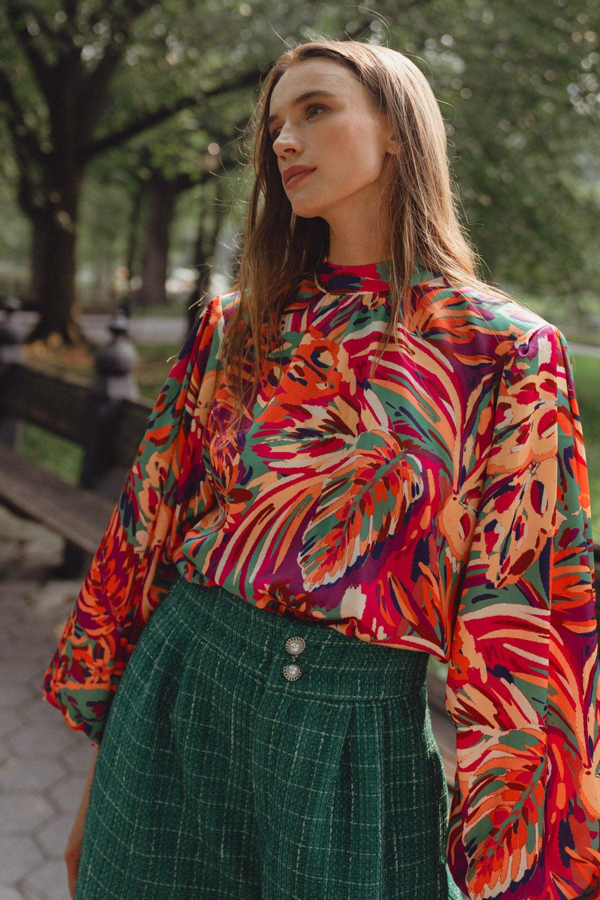 Adoring Devotion Woven Top With High Neck Long Sleeves And Tie Back Print