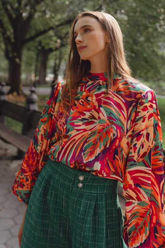 Adoring Devotion Woven Top With High Neck Long Sleeves And Tie Back Print