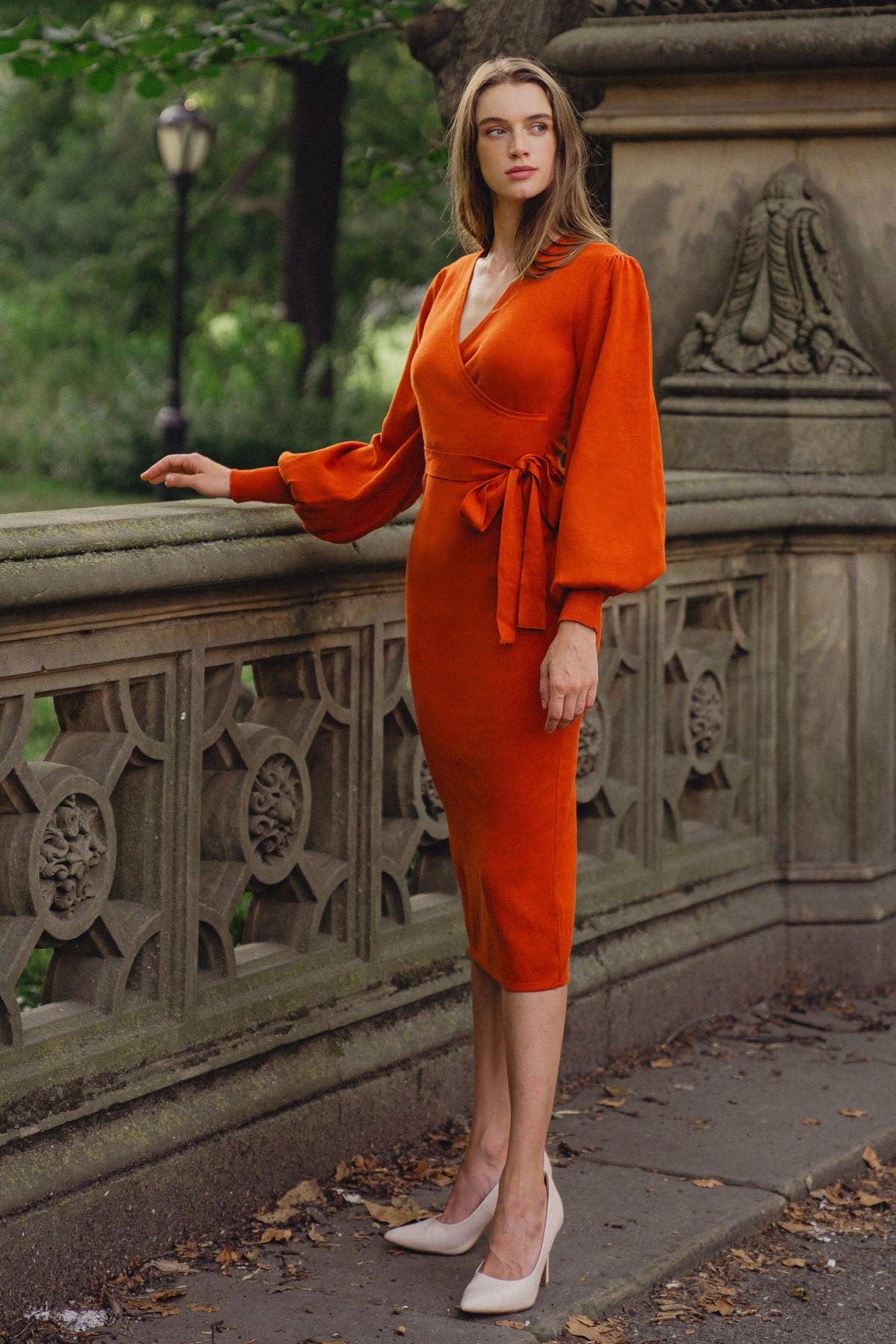 Adorable Ideal Sweater Midi Dress With Surplice Neckline Blouson Sleeves