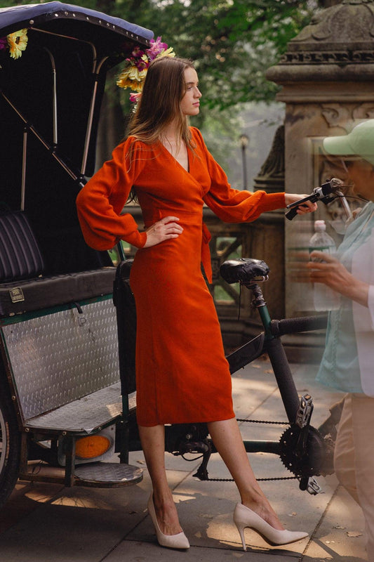 Adorable Ideal Sweater Midi Dress With Surplice Neckline Blouson Sleeves