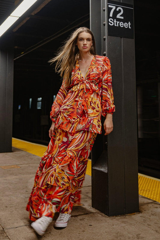Wonderful Soul Woven Maxi Dress With V Neck Elastic Waist And Long Sleeves