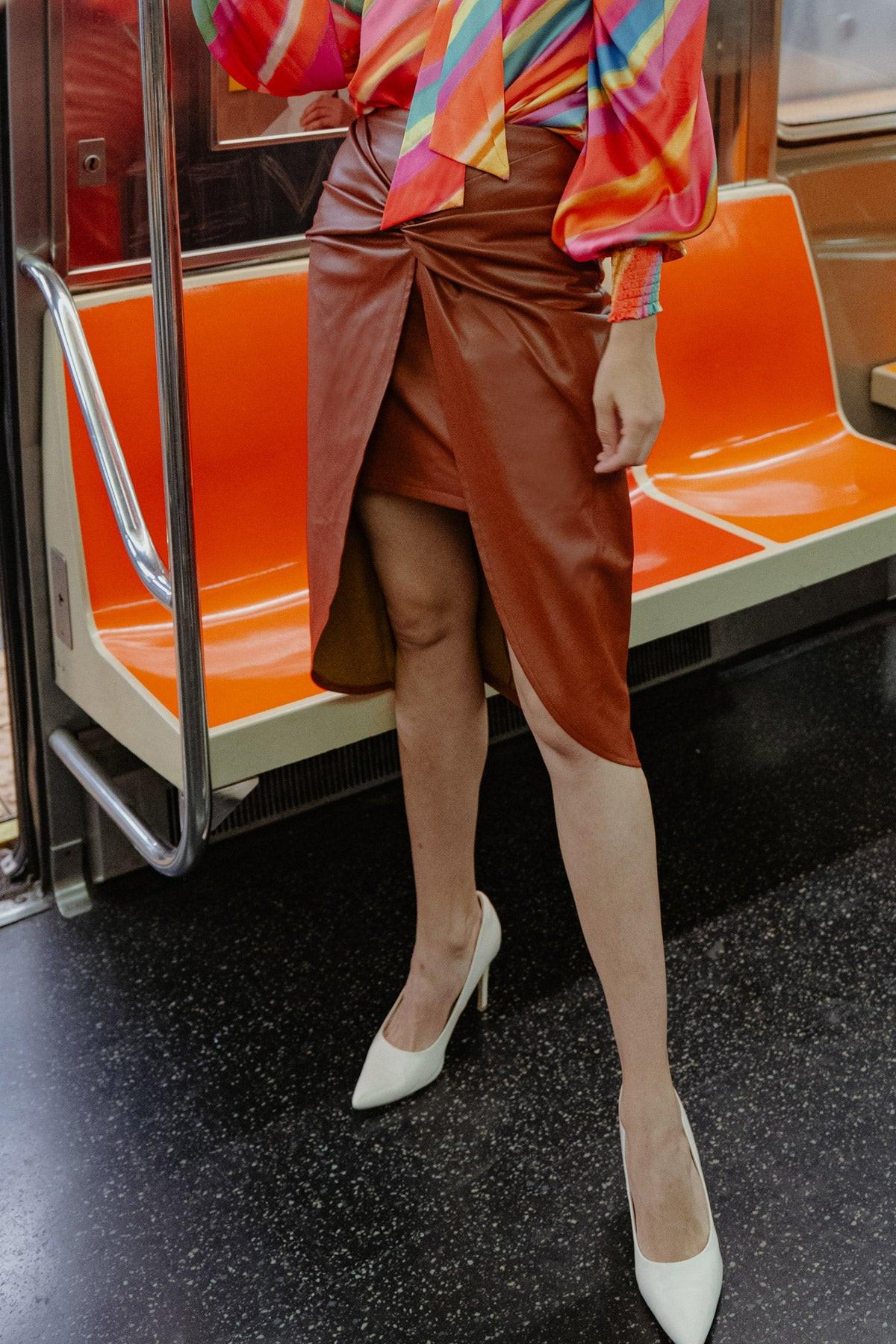 Choose Us Faux Leather Midi Skirt With Twist Front And Back Zipper