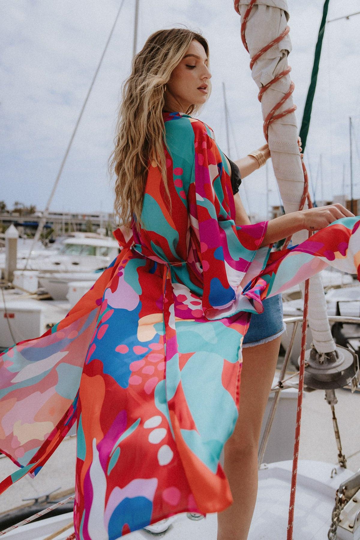 Cancun Getaway Satin Midi Kimono With Self Tie Belt Square Sleeve