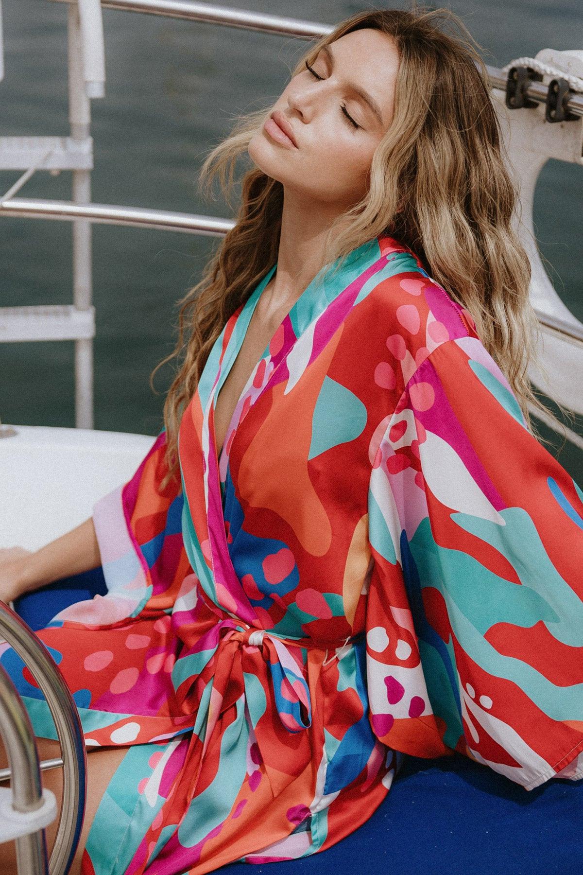 Cancun Getaway Satin Midi Kimono With Self Tie Belt Square Sleeve