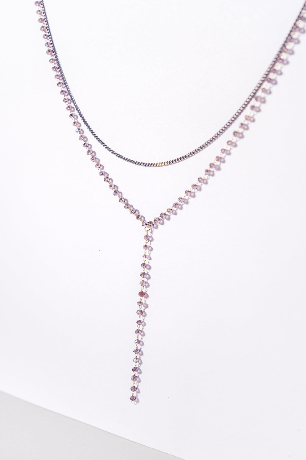 Beaded Y Necklace With Sterling Silver Chain And Cubic Zirconia Pendant