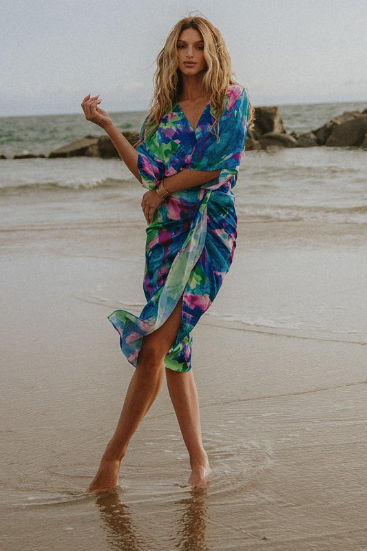 On The Horizon Woven Satin Midi Dress Plunging V Neck Kimono Sleeves