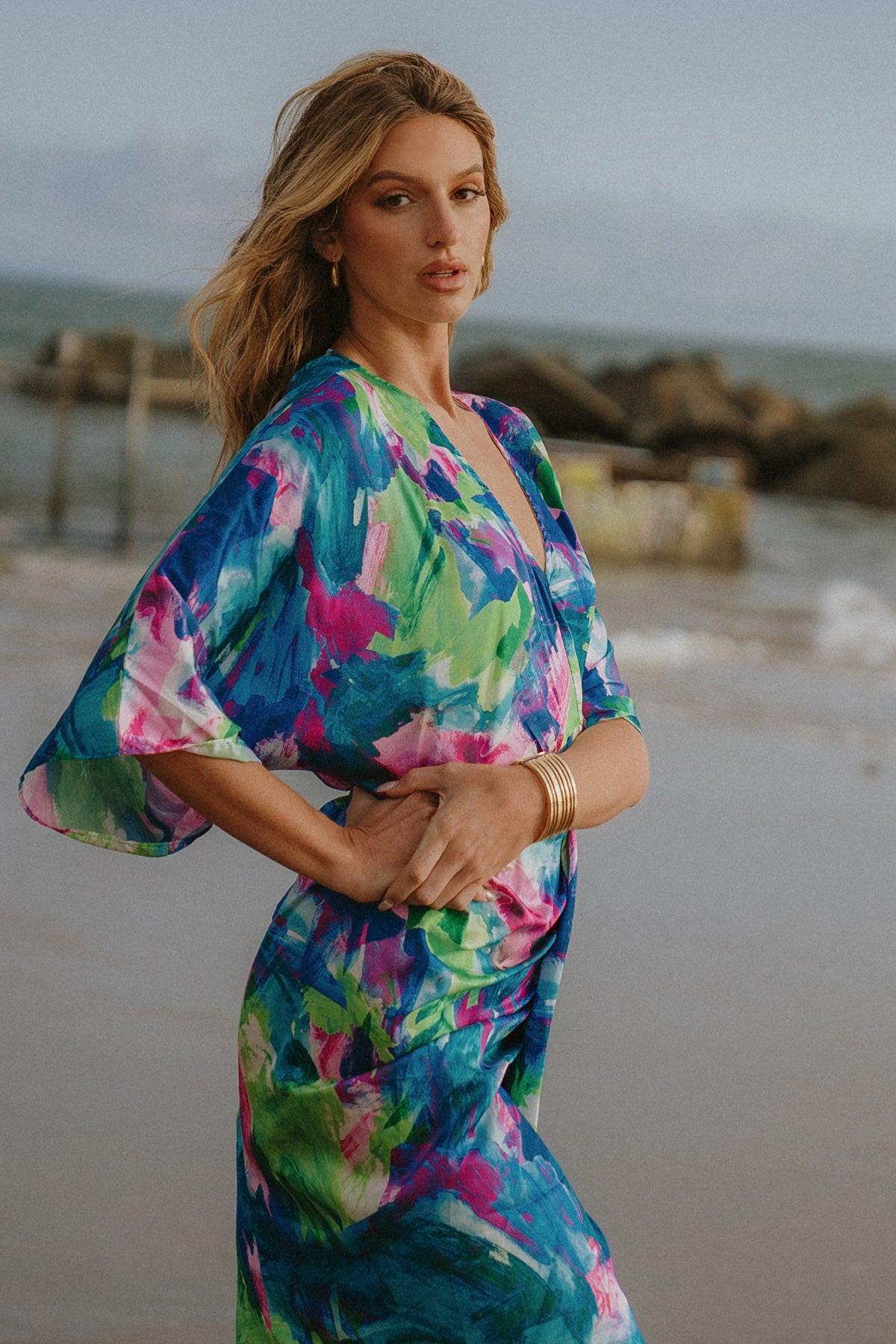 On The Horizon Woven Satin Midi Dress Plunging V Neck Kimono Sleeves