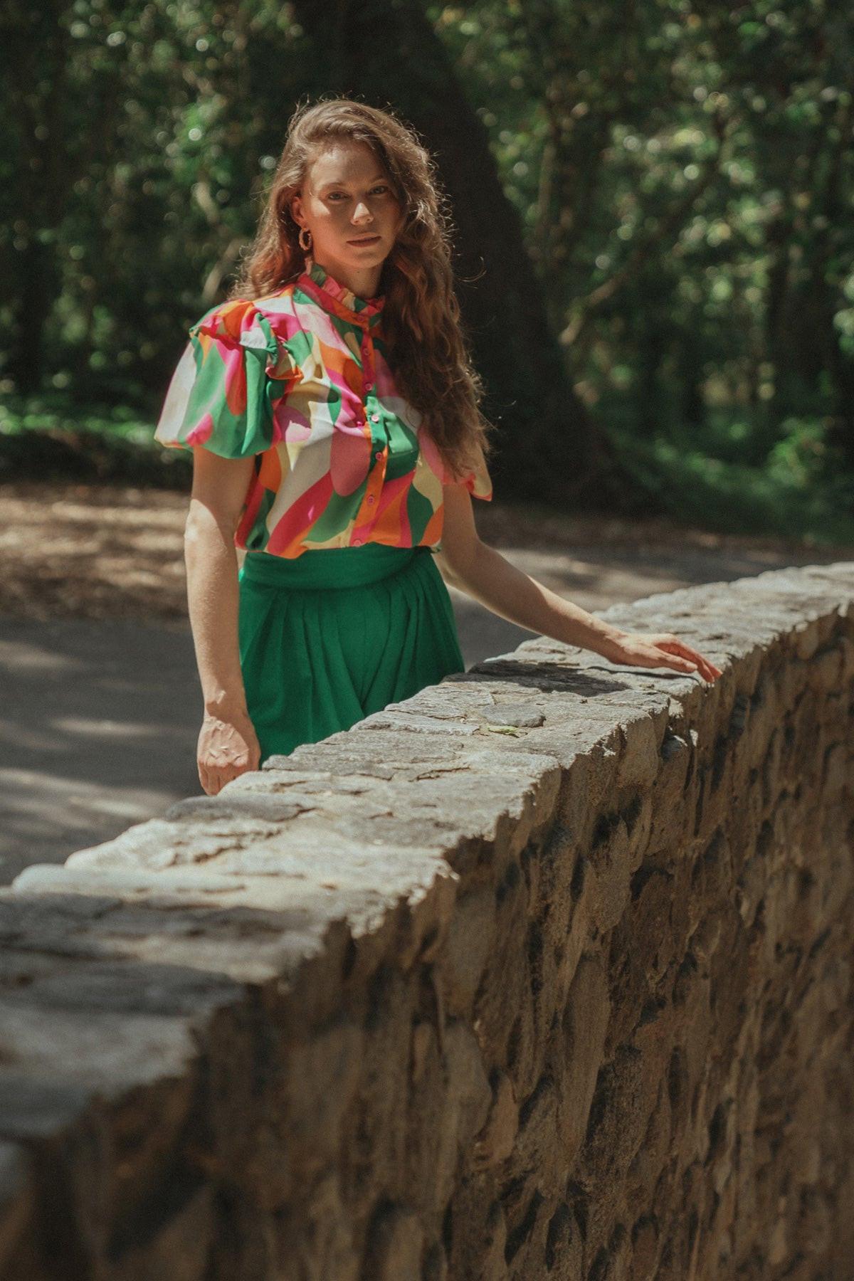 Make Them Proud Woven Top High Neck Ruffle Edge Puff Sleeves