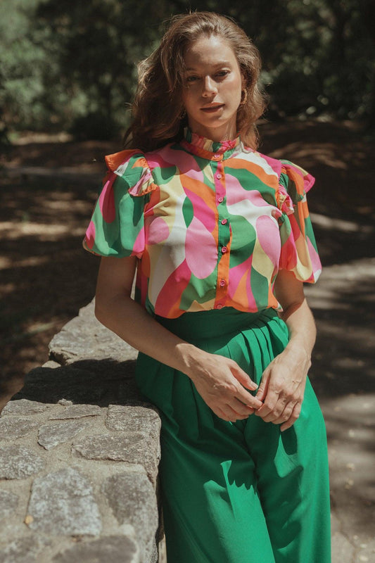 Make Them Proud Woven Top High Neck Ruffle Edge Puff Sleeves
