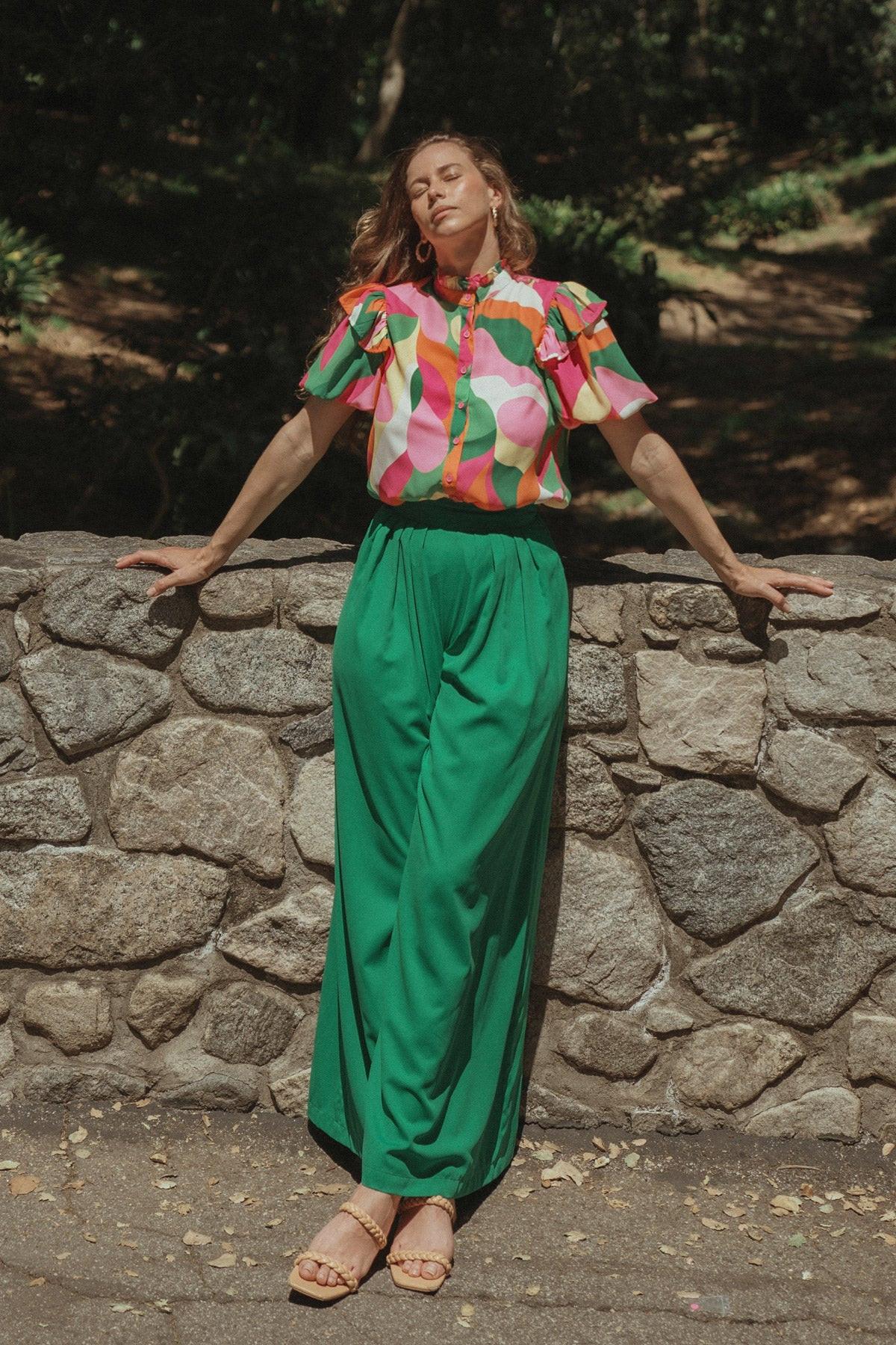 At The Wishing Well Woven Pants With Pleated Front Side Zipper And Wide Leg