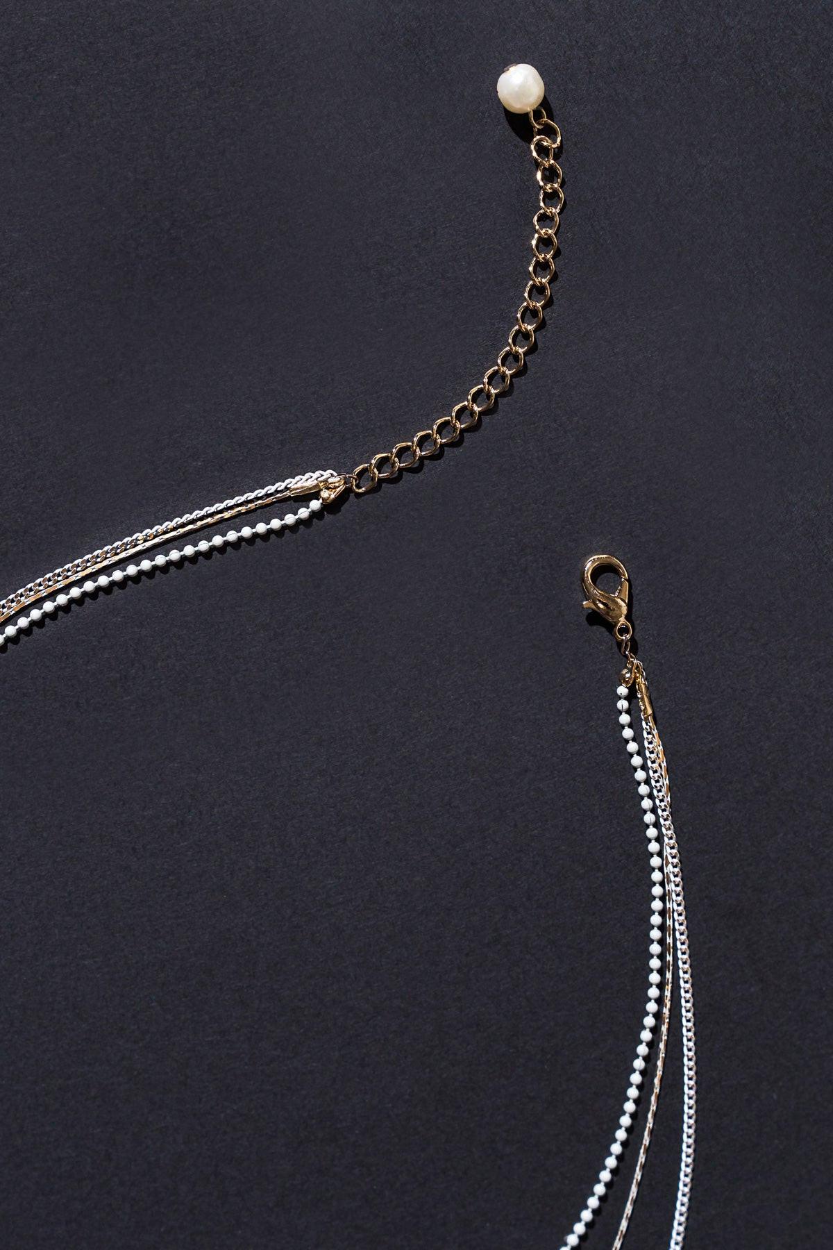 3 Chain Layered Charm Necklace With Pearl And Lace