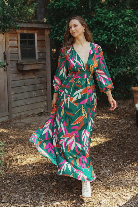 Gone Coastal Woven Maxi Dress With V Neckline Peasant Sleeves Smocked Waist