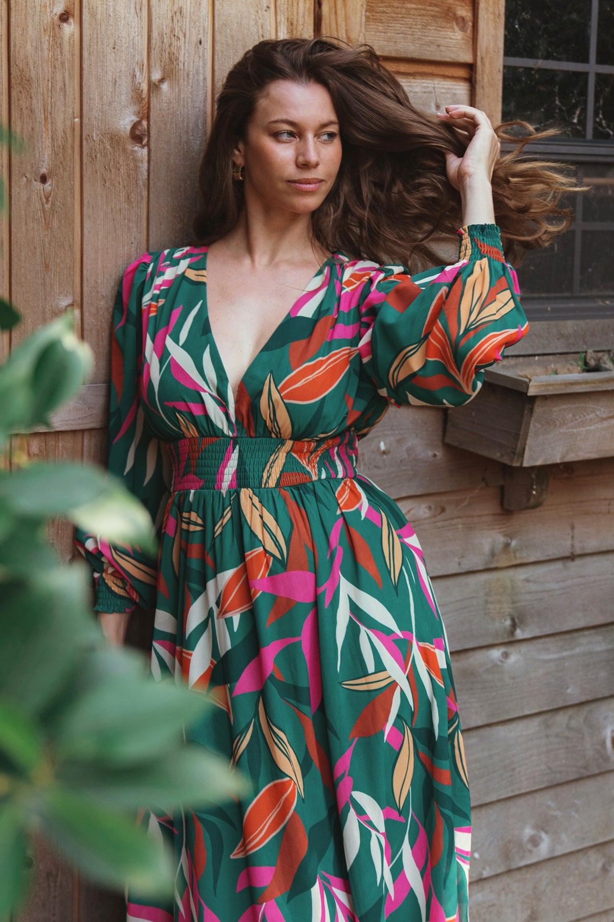 Gone Coastal Woven Maxi Dress With V Neckline Peasant Sleeves Smocked Waist