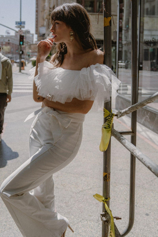 White Denim Jumpsuit With Off Shoulder Tulle Flounce Back Zipper Flare Pants
