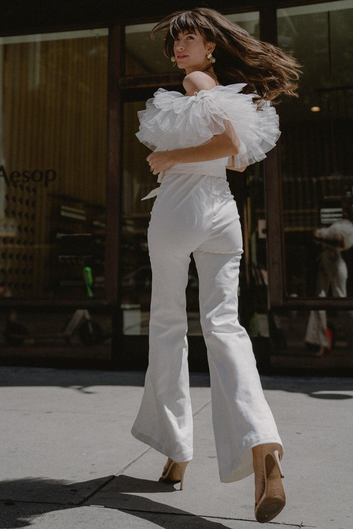 White Denim Jumpsuit With Off Shoulder Tulle Flounce Back Zipper Flare Pants