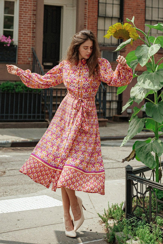 Lifetime Celebrations Printed Woven Shirt Dress With Long Sleeve Self Tie Waist