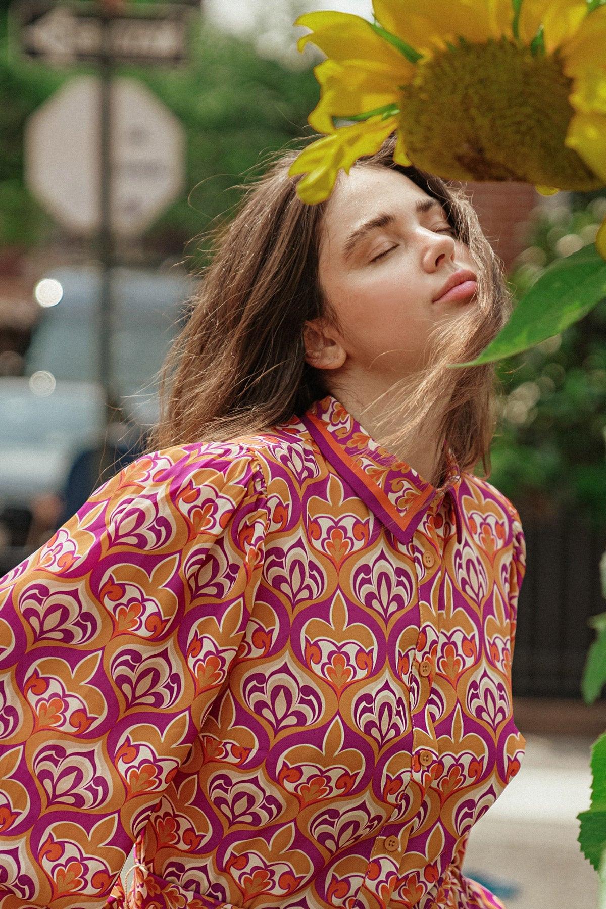 Lifetime Celebrations Printed Woven Shirt Dress With Long Sleeve Self Tie Waist