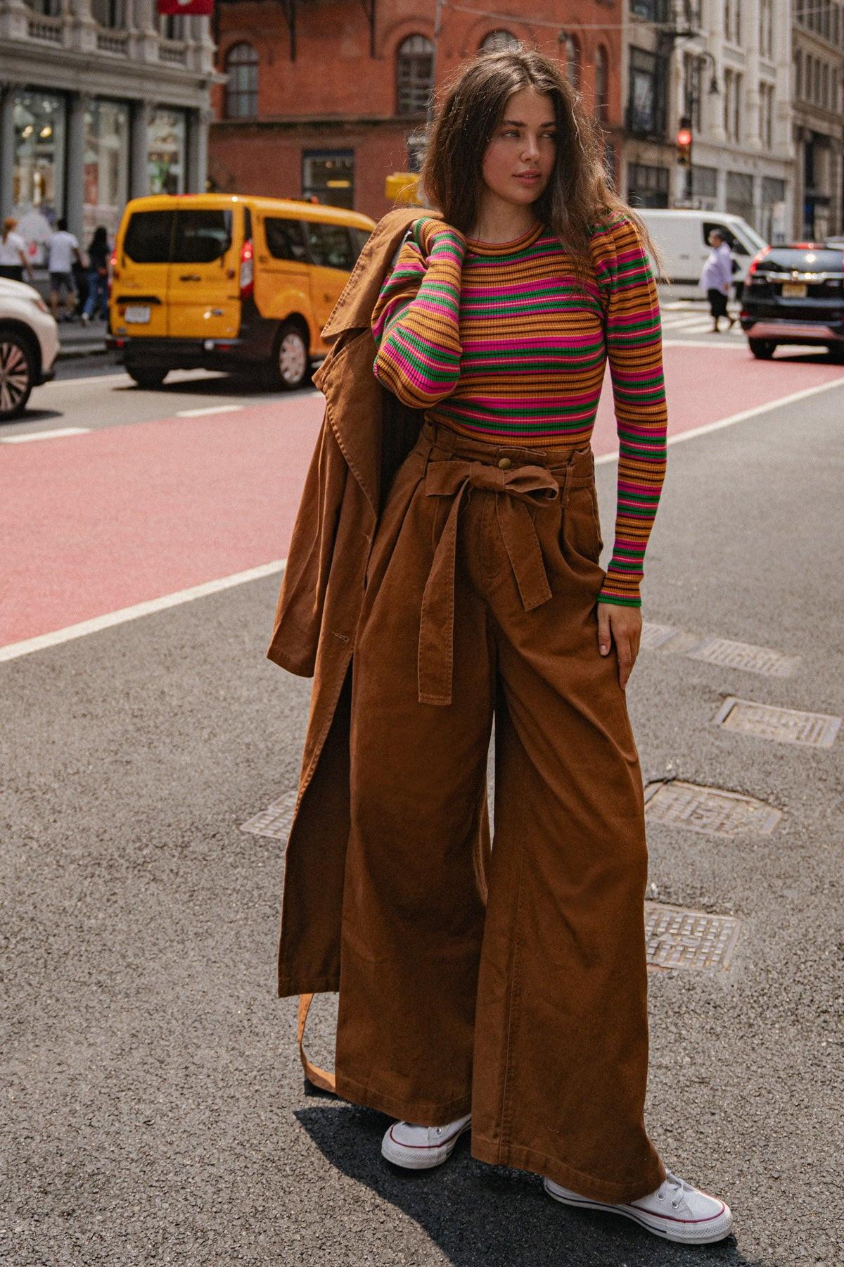 Big Moment Twill Pants High Waisted Paperbag Waist With Self Belt Wide Leg