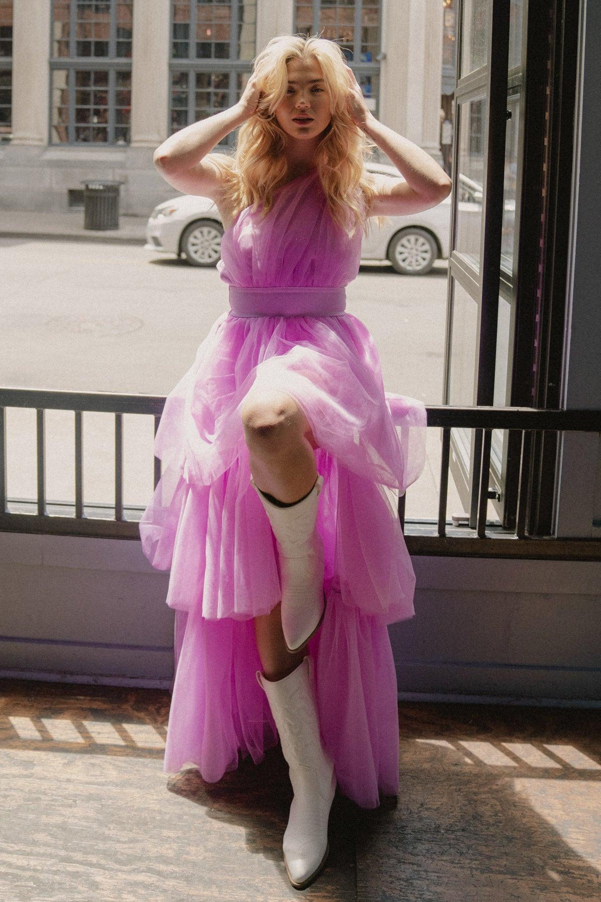 One Shoulder Maxi Dress With Layered Tulle Skirt And Side Zipper Closure