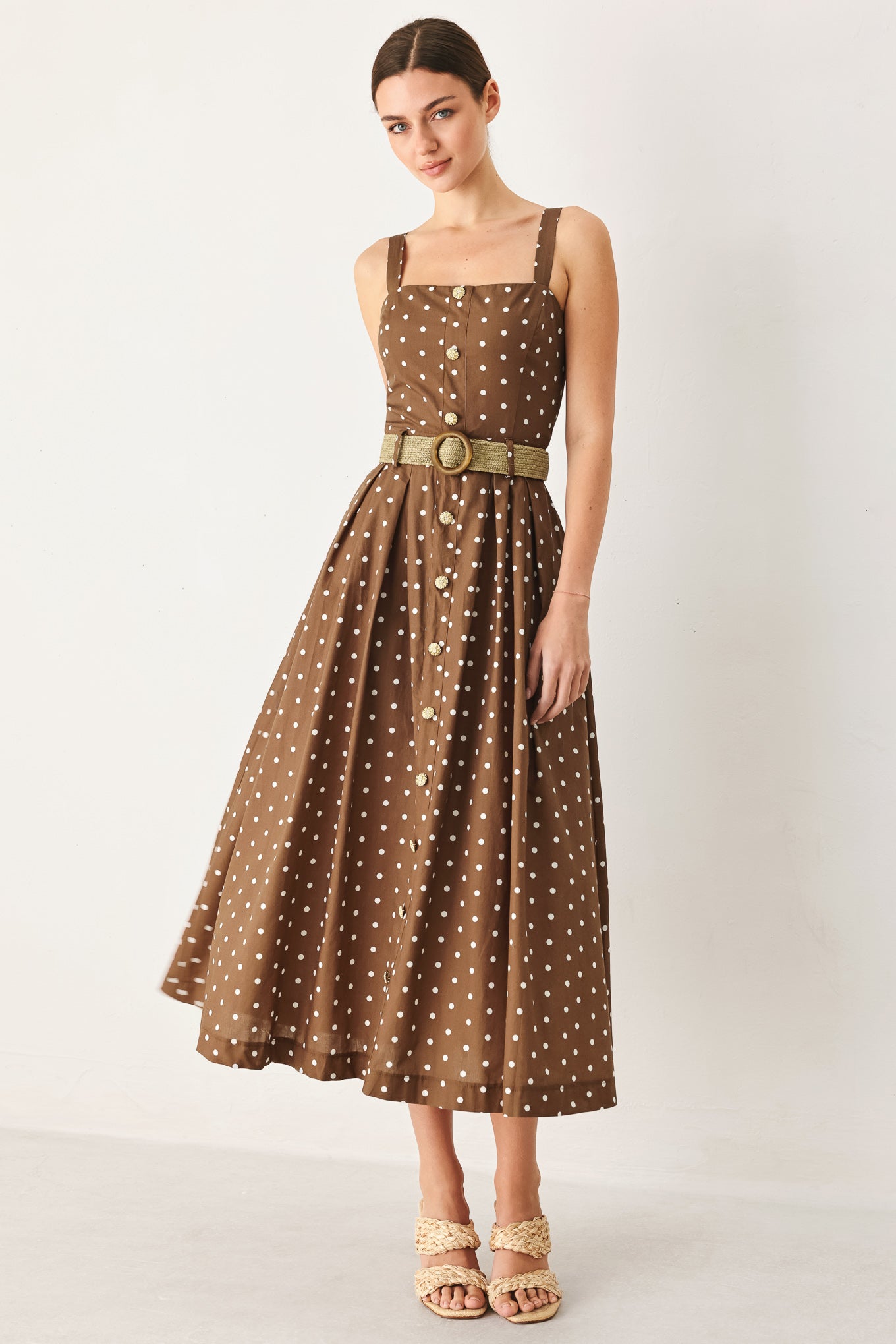 Parisian Dot Woven Midi Dress With Button Down Belt