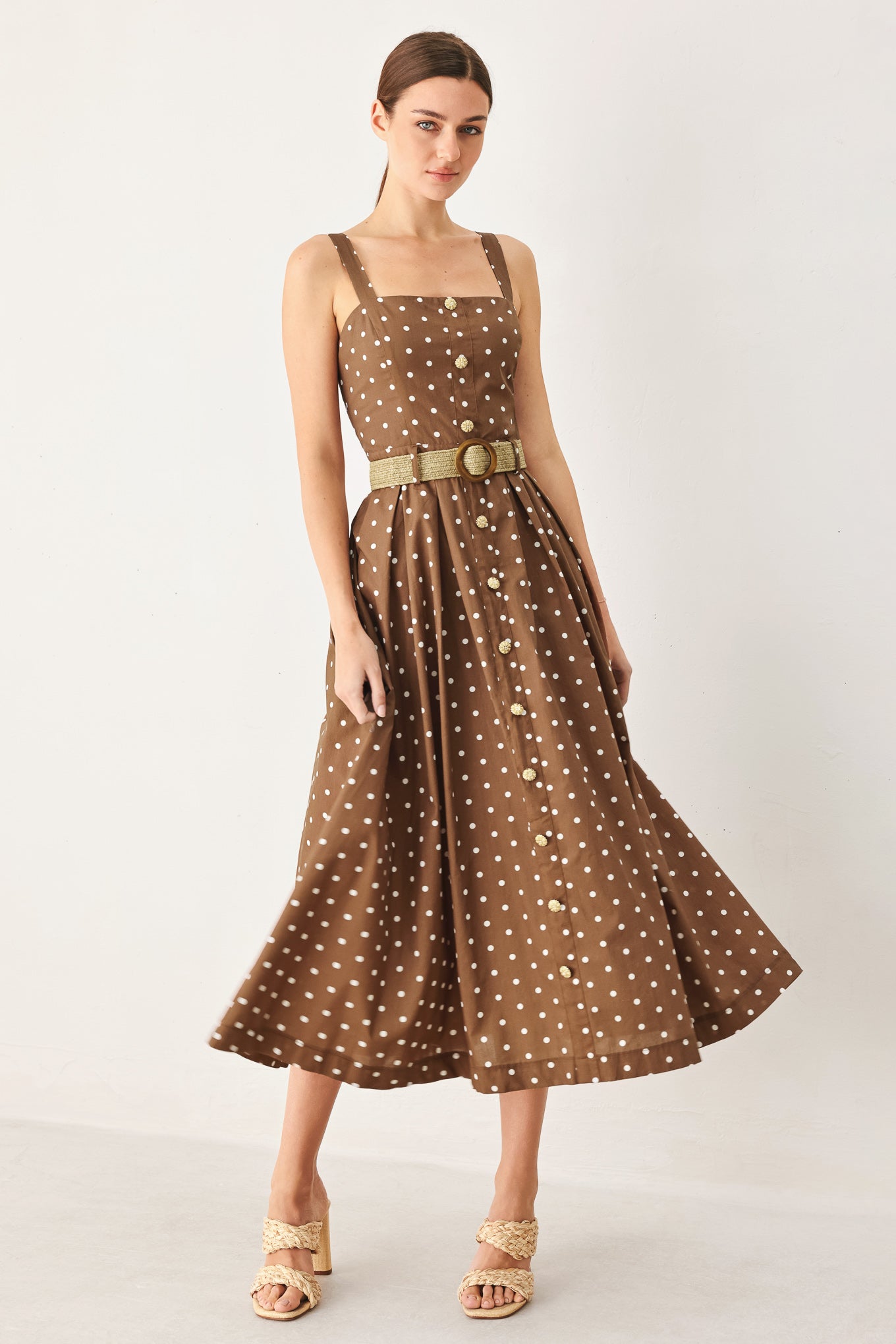 Parisian Dot Woven Midi Dress With Button Down Belt