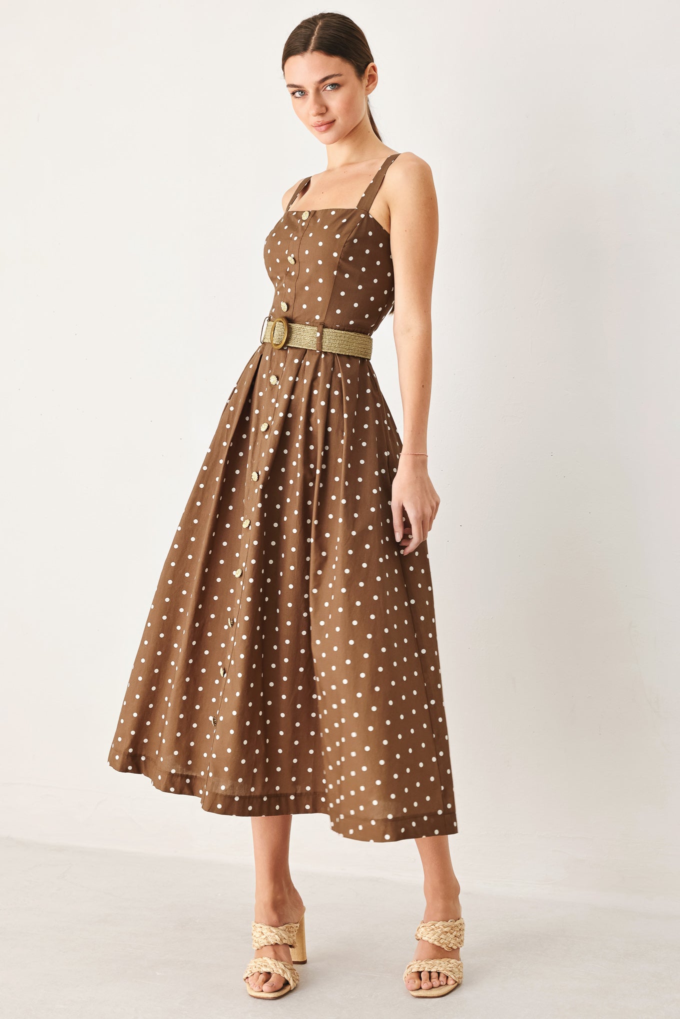 Parisian Dot Woven Midi Dress With Button Down Belt