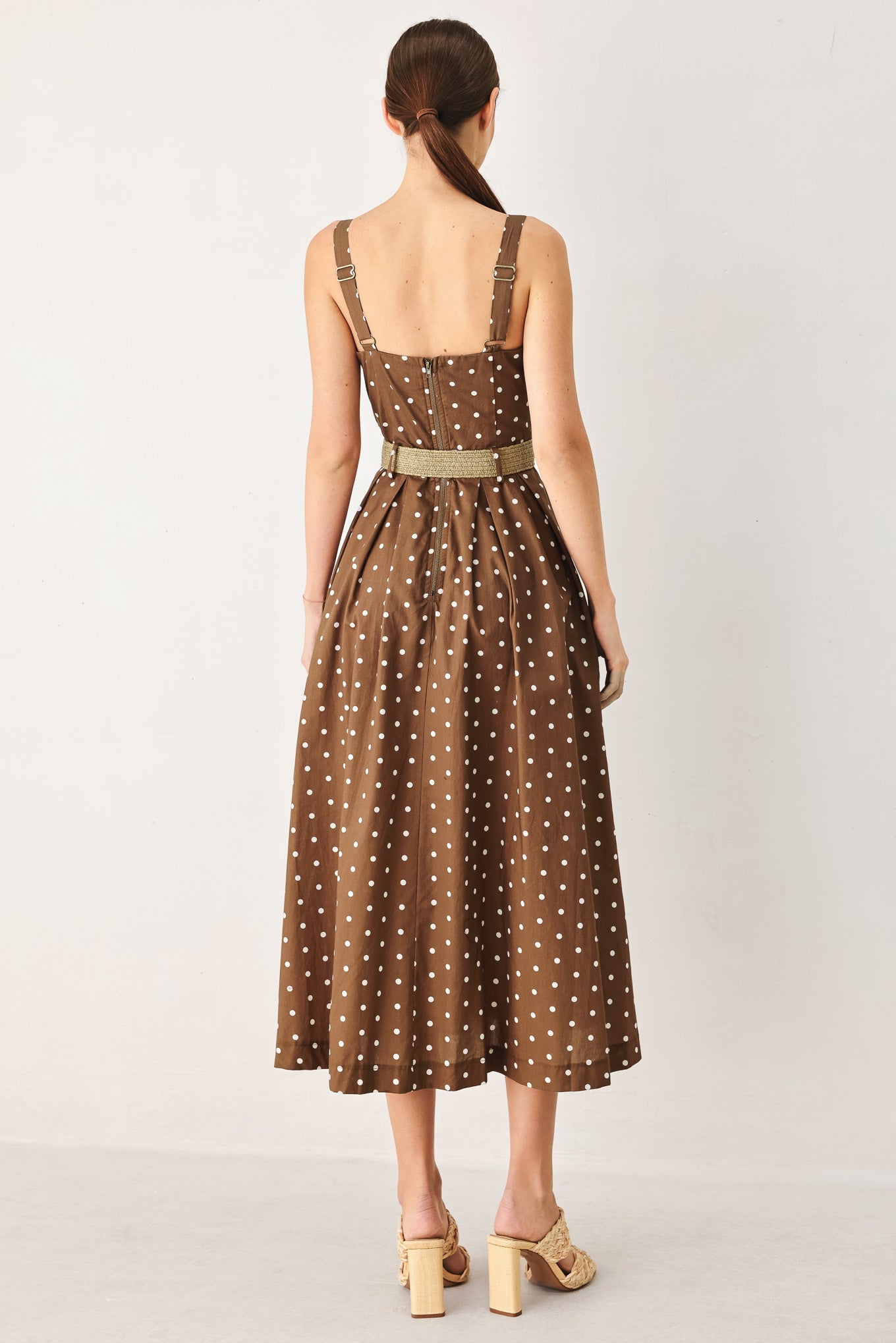 Parisian Dot Woven Midi Dress With Button Down Belt