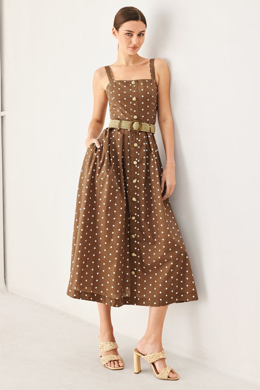 Parisian Dot Woven Midi Dress With Button Down Belt