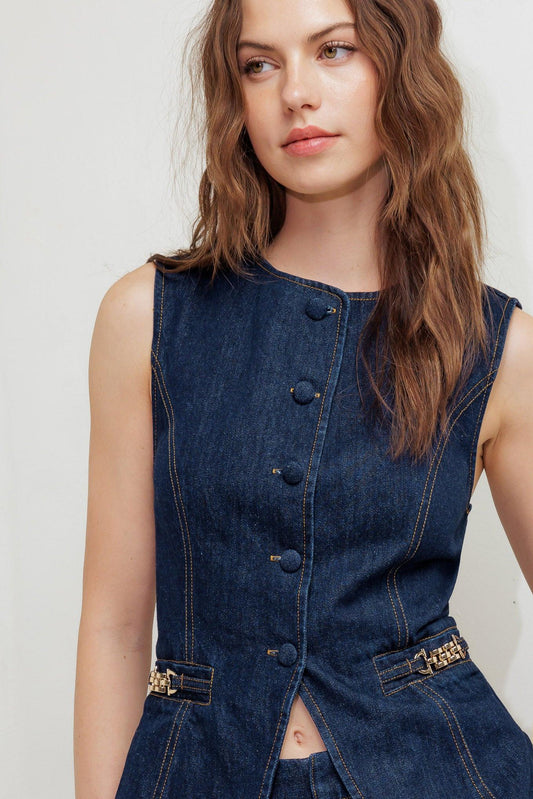 Indigo Icon Denim Vest in dark, view 2 — Soul Flow Apparel